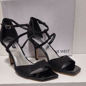 Nine West SighS2 Glittery Black Strappy Heels 11m New In Box
